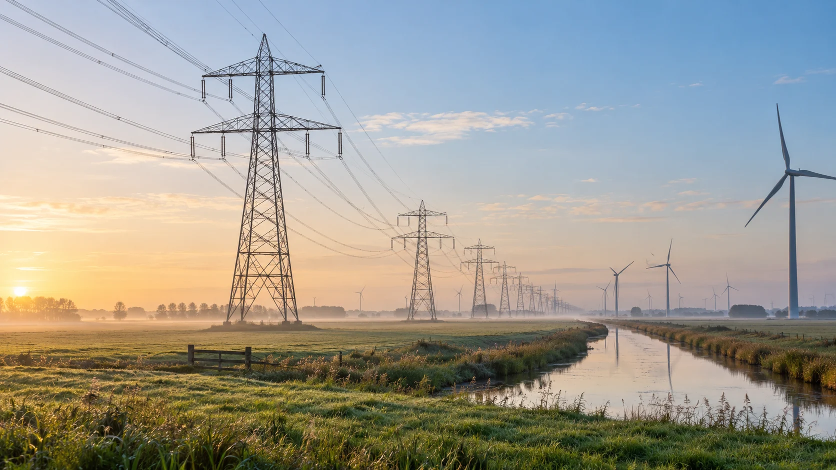 Illustratives Bild von Hochspannungsmasten, Windturbinen und einem Wassergraben in einer niederländischen Polderlandschaft.