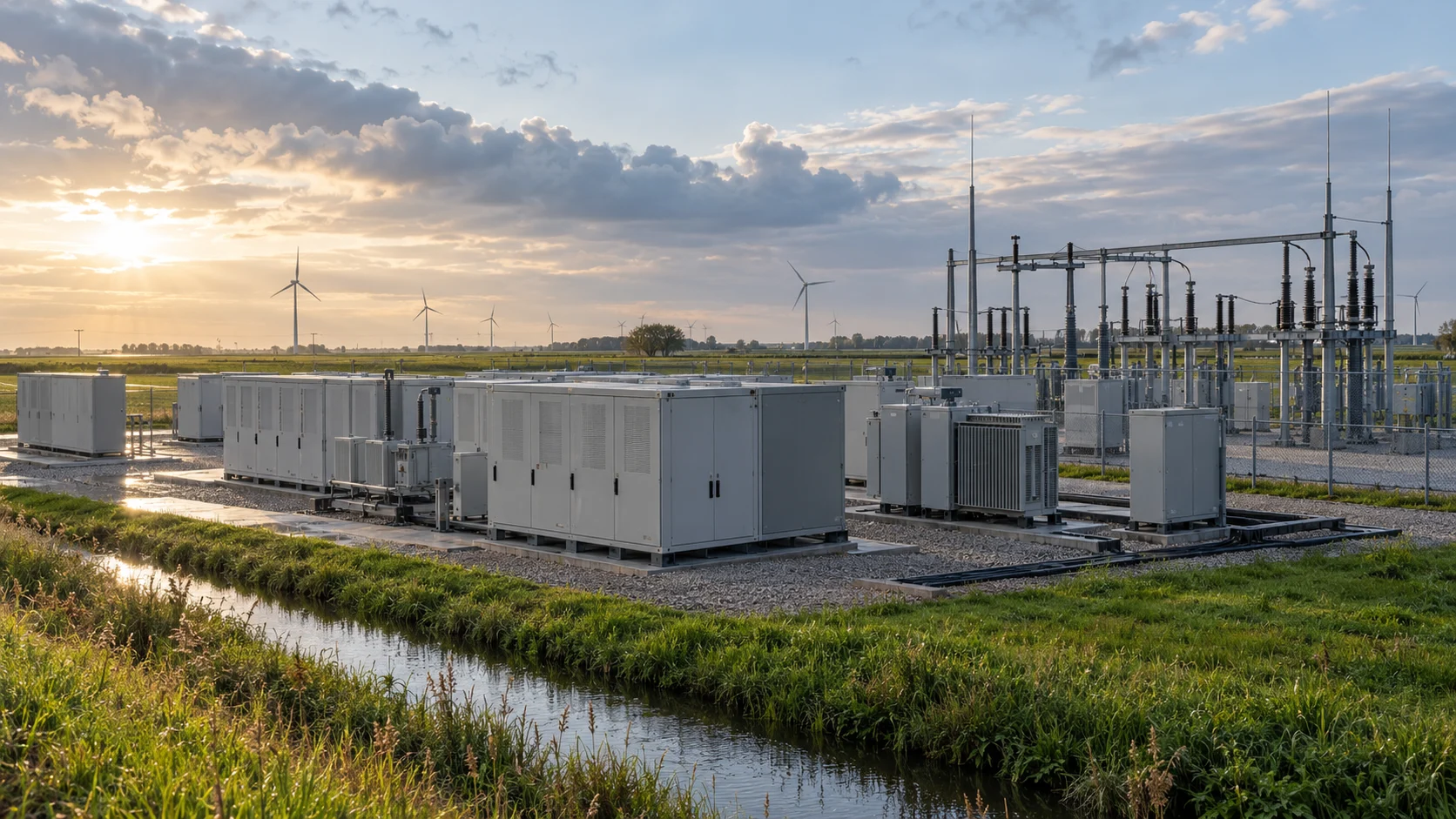 Illustratives Bild von Batteriespeicher, Umspannwerk und Windturbinen in einer niederländischen Landschaft.